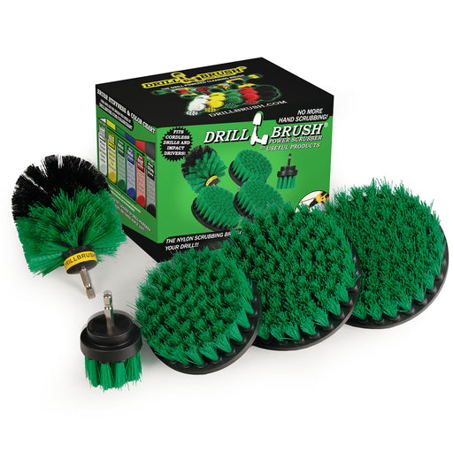 The Drillbrush 5542O Medium Green Kitchen Brush Kit in front of the box it comes in.