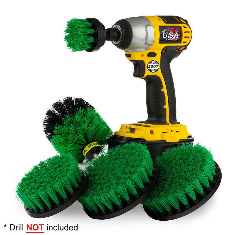 Drillbrush 5542O Medium Green Kitchen Brush Kit with a 2 inch Short brush in a cordless drill.