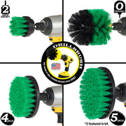 Images of the Drillbrush 2 inch Short, 4 inch, 5 inch, and Original Medium Green Kitchen Brushes in cordless drills.