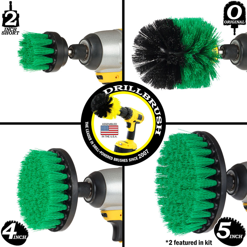 Images of the Drillbrush 2 inch Short, 4 inch, 5 inch, and Original Medium Green Kitchen Brushes in cordless drills.