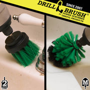 Action shots of a Medium Green 2 inch Long brush and Mini brush cleaning around a sink.