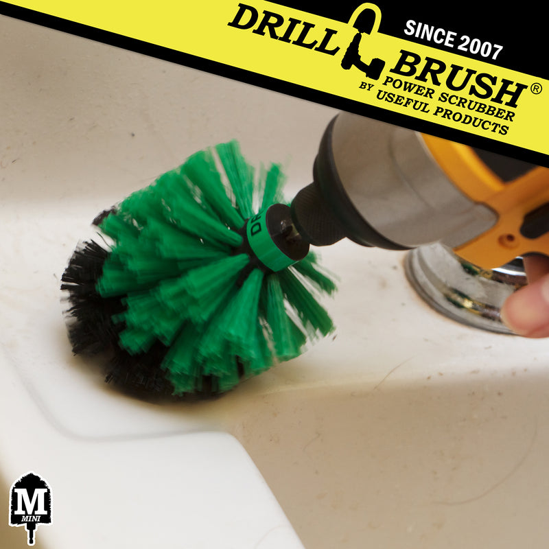 Drillbrush Mini Medium Green Kitchen Brush cleaning around a sink.