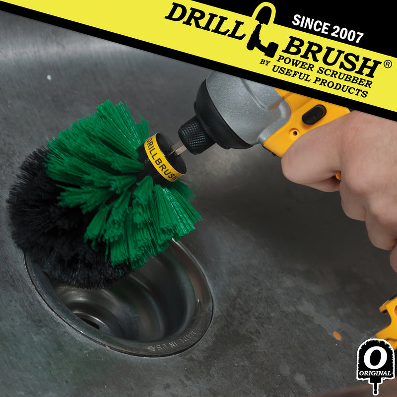Drillbrush Original Medium Green Kitchen Brush cleaning a sink drain.