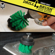 Action shots of a Medium Green 2 inch brush cleaning around a sink and a Medium Green Mini Drillbrush cleaning a sink.