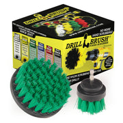 Drillbrush Medium Green 4 inch and 2 inch Short brushes in front of their packaging. 