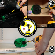 Action shots of a Medium Green Original Jumbo Drillbrush in a 5 inch extension cleaning refrigerator shelves, a Medium Green 2 inch Short Drillbrush in a 5 inch extension cleaning under the stove console, and a Medium Green 4 inch Drillbrush in a 5 inch extension cleaning inside a cabinet.
