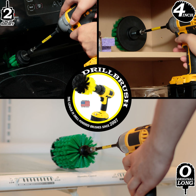 Action shots of a Medium Green Original Jumbo Drillbrush in a 5 inch extension cleaning refrigerator shelves, a Medium Green 2 inch Short Drillbrush in a 5 inch extension cleaning under the stove console, and a Medium Green 4 inch Drillbrush in a 5 inch extension cleaning inside a cabinet.
