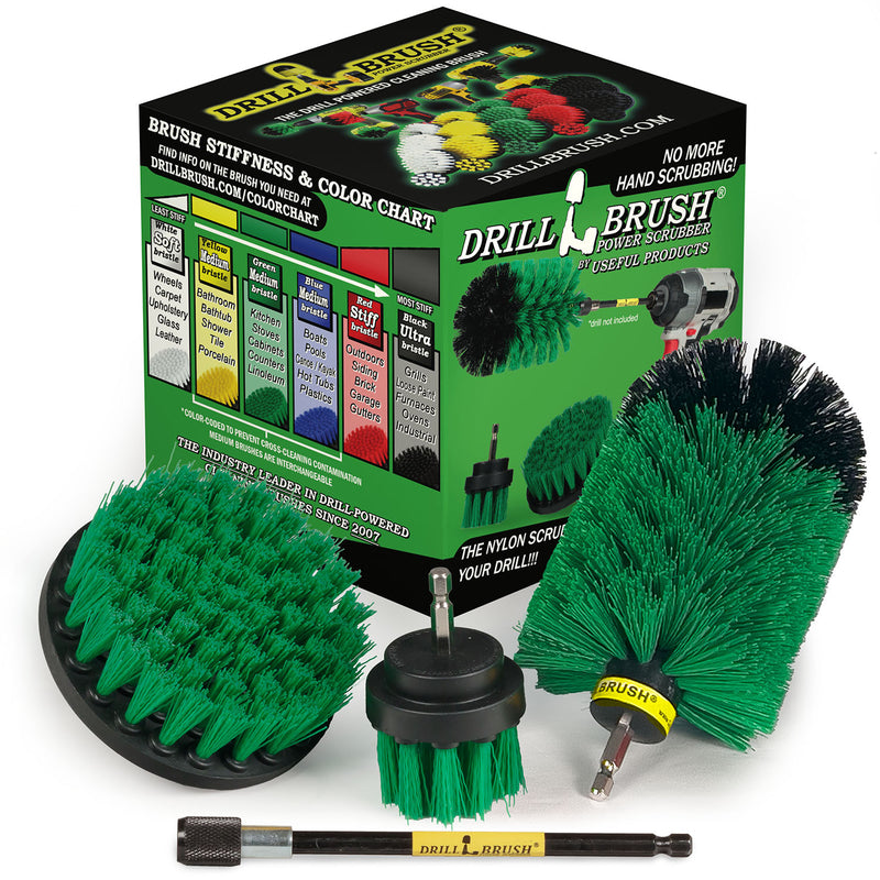 4in Flat Brush, 2in Short Brush, and Jumbo Original all in Medium Green Plus 5" Extension - Kitchen Drill Brushes with Long Reach Extender  | G-S-42J-5X-QC-DB