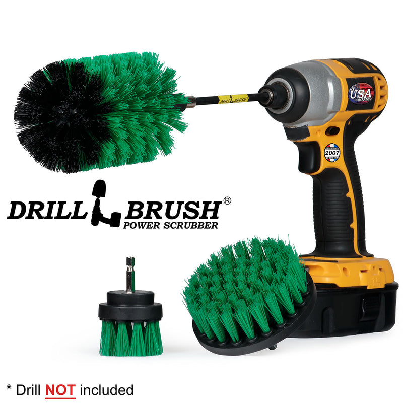 Drillbrush 42J-5X Medium Green Kitchen Brush Kit with an Original Jumbo brush in a 5 inch extension in a cordless drill.
