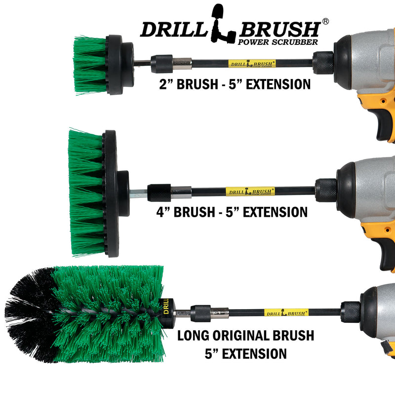 Images of the Drillbrush 2 inch Short, 4 inch, and Original Jumbo Medium Green Kitchen Brushes in 5 inch extensions in cordless drills.