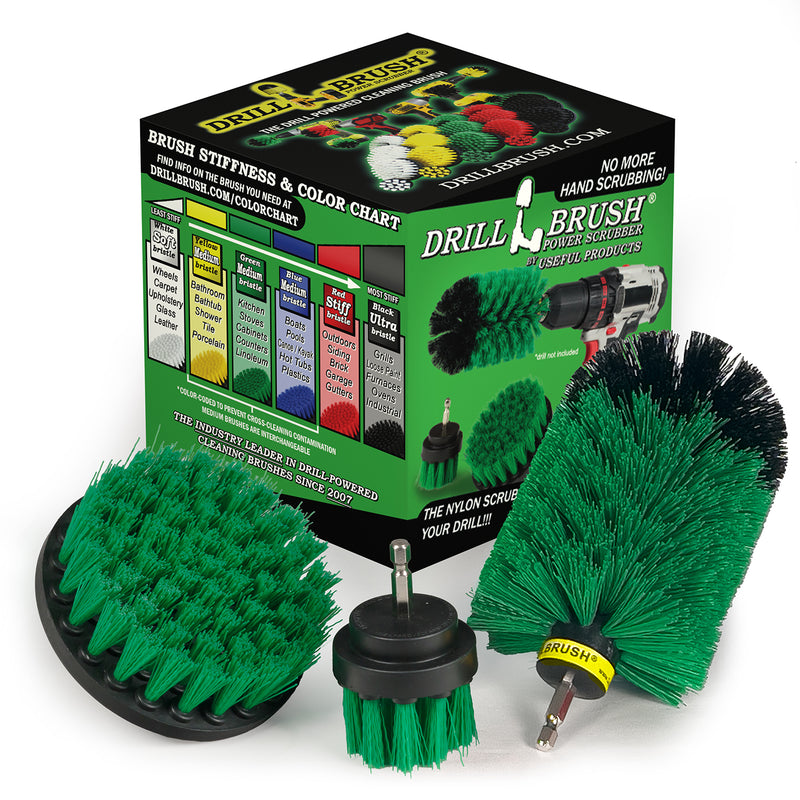 4in Flat Brush, 2in Short Brush, and Jumbo Original all in Medium Stiffness Green - Oven Cleaner Brush Set | G-S-42J-QC-DB