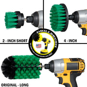 Images of the Drillbrush 2 inch Short, 4 inch, and Original Jumbo Medium Green Kitchen Brushes in cordless drills.