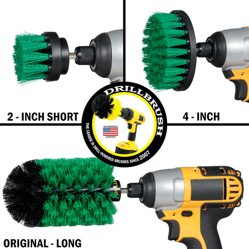 Images of the Drillbrush 2 inch Short, 4 inch, and Original Jumbo Medium Green Kitchen Brushes in cordless drills.