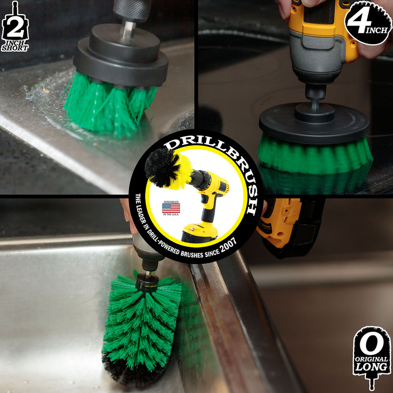 Action shots of a Medium Green Original Jumbo brush cleaning a sink, a Medium Green 2 inch Short Drillbrush cleaning around a sink, and a Medium Green 4 inch Drillbrush cleaning a stovetop.