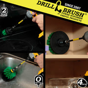 Action shots of a Medium Green Original Drillbrush in a 5 inch extension cleaning inside a sink, a Medium Green 2 inch Short Drillbrush in a 5 inch extension cleaning under the stove console, and a Medium Green 4 inch Drillbrush in a 5 inch extension cleaning inside a cabinet.