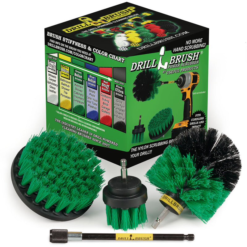 The Drillbrush 42O-5X Medium Green Kitchen Brush Kit in front of the box it comes in.