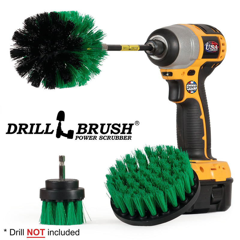 The Drillbrush Medium Green 4-2-O kit with 5 inch extension pictured with the Original brush in a cordless drill.