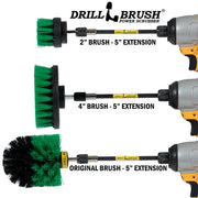 Images of the Drillbrush 2 inch Short, 4 inch, and Original Medium Green Kitchen Brushes in 5 inch extensions in cordless drills.