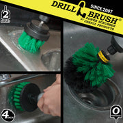 Action shots of a Medium Green Original brush cleaning the drain in a sink, a Medium Green 2 inch Short Drillbrush cleaning around a sink, and a Medium Green 4 inch Drillbrush cleaning a stovetop.