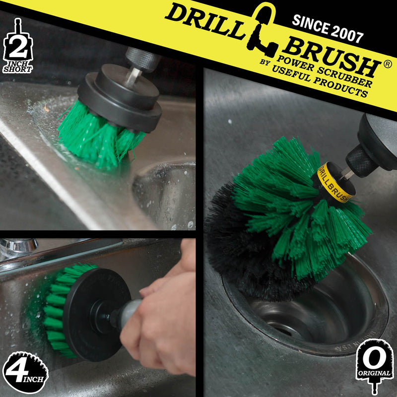 Action shots of a Medium Green Original brush cleaning the drain in a sink, a Medium Green 2 inch Short Drillbrush cleaning around a sink, and a Medium Green 4 inch Drillbrush cleaning a stovetop.