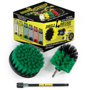 The Drillbrush 4M-5X Medium Green Kitchen Brush Kit in front of the box it comes in.
