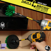 Action shots of a Medium Green Mini Drillbrush in a 5 inch extension cleaning a range hood and a Medium Green 4 inch Drillbrush in a 5 inch extension cleaning the back of a kitchen cabinet.