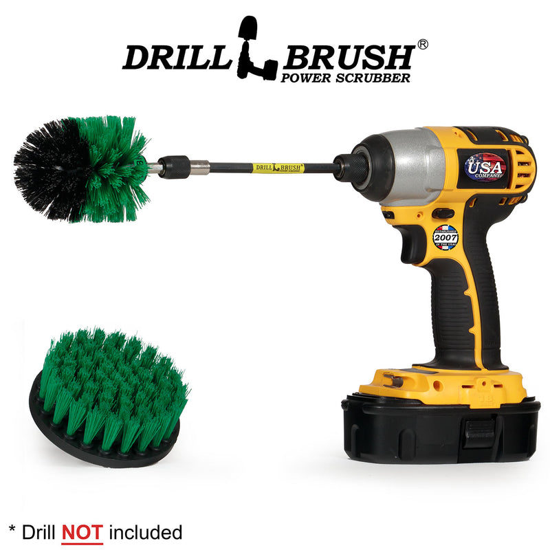 Drillbrush 4M-5X Medium Green Kitchen Brush Kit with an Mini brush in a 5 inch extension in a cordless drill.