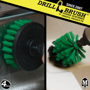 Action shots of a Medium Green Mini Drillbrush cleaning around a sink and a Medium Green 4 inch Drillbrush cleaning the wall of a sink.