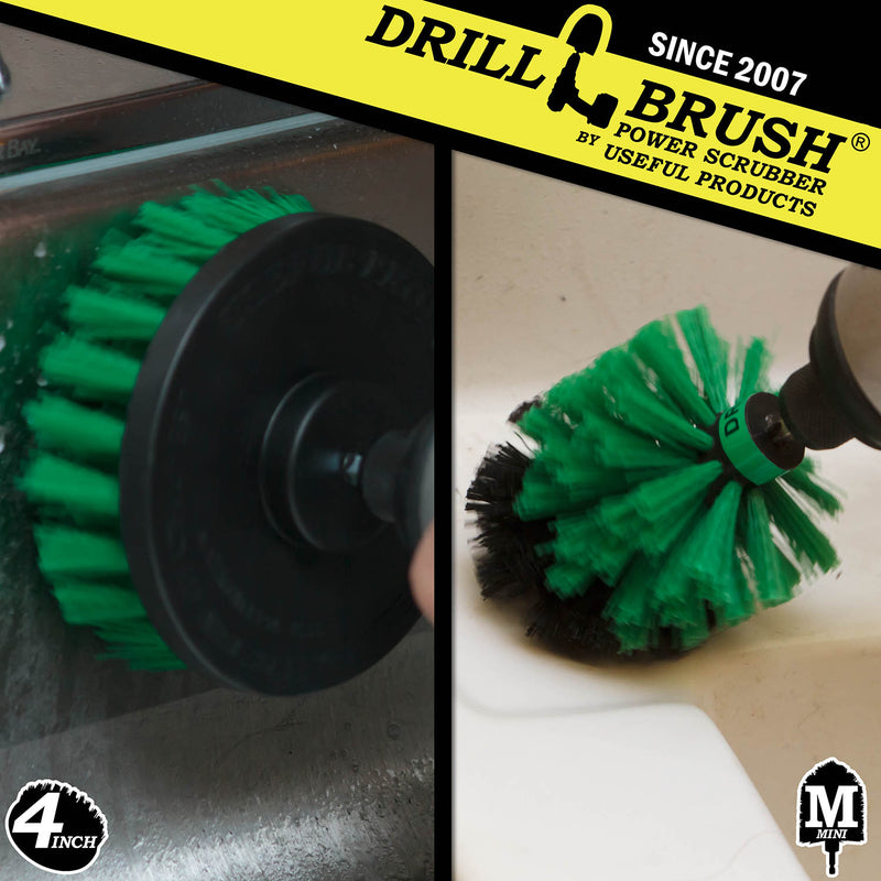Action shots of a Medium Green Mini Drillbrush cleaning around a sink and a Medium Green 4 inch Drillbrush cleaning the wall of a sink.