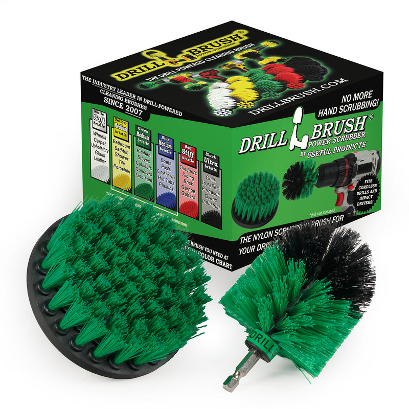 The Drillbrush 4M Medium Green Kitchen Brush Kit in the blister pack it comes in.