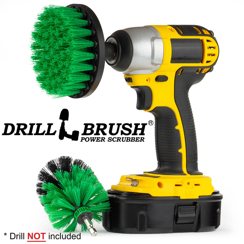 Drillbrush 4M Medium Green Kitchen Brush Kit with a 4 inch brush in a cordless drill.