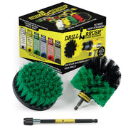 The Drillbrush 4O-5X Medium Green Kitchen Brush Kit in front of the packaging it comes in.