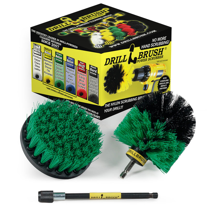 The Drillbrush 4O-5X Medium Green Kitchen Brush Kit in front of the packaging it comes in.