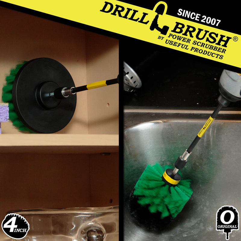 Action shots of a Medium Green Original Drillbrush in a 5 inch extension cleaning the wall of a sink and a Medium Green 4 inch Drillbrush in a 5 inch extension cleaning the back of a kitchen cabinet.