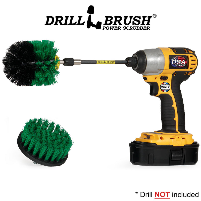 Drillbrush 4O-5X Medium Green Kitchen Brush Kit with an Original brush in a 5 inch extension in a cordless drill.