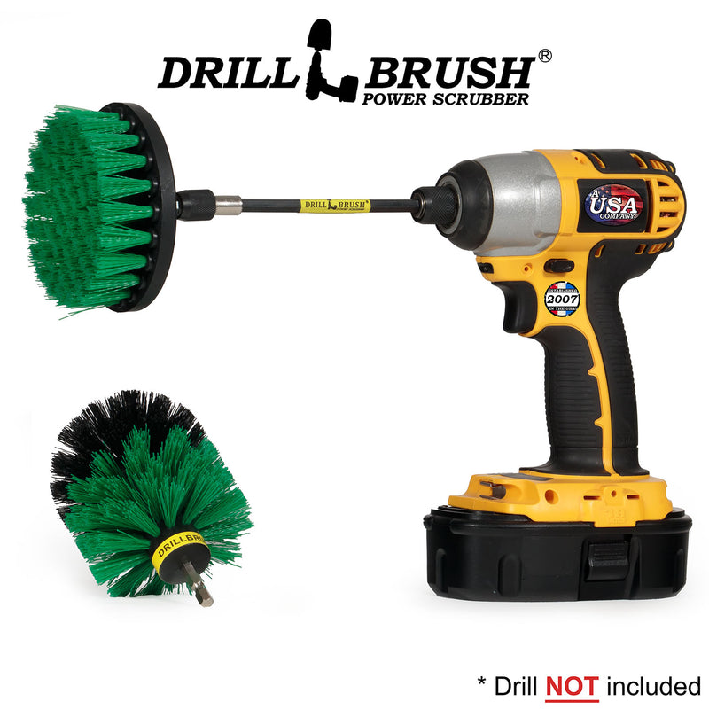 Drillbrush 4O-5X Medium Green Kitchen Brush Kit with a 4 inch brush in a 5 inch extension in a cordless drill.