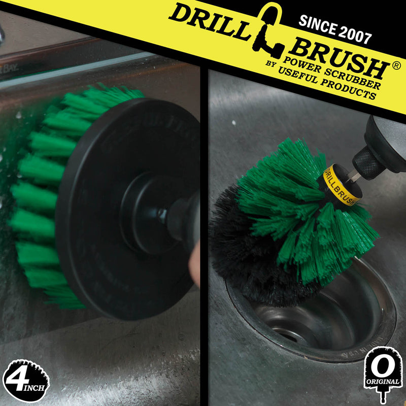 Action shots of a Medium Green Original brush and a Medium Green 4 inch Drillbrush cleaning a kitchen sink.