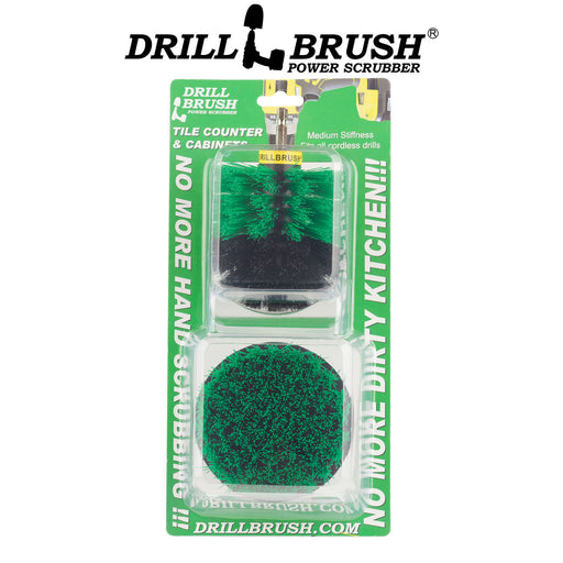 The Drillbrush 4O Medium Green Kitchen Brush Kit in the blister pack it comes in.
