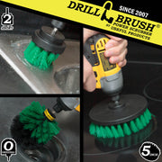 Action shots of a Medium Green Original brush cleaning around a sink, a Medium Green 2 inch Short Drillbrush cleaning the drain in a sink, and a Medium Green 5 inch Drillbrush cleaning a stovetop.