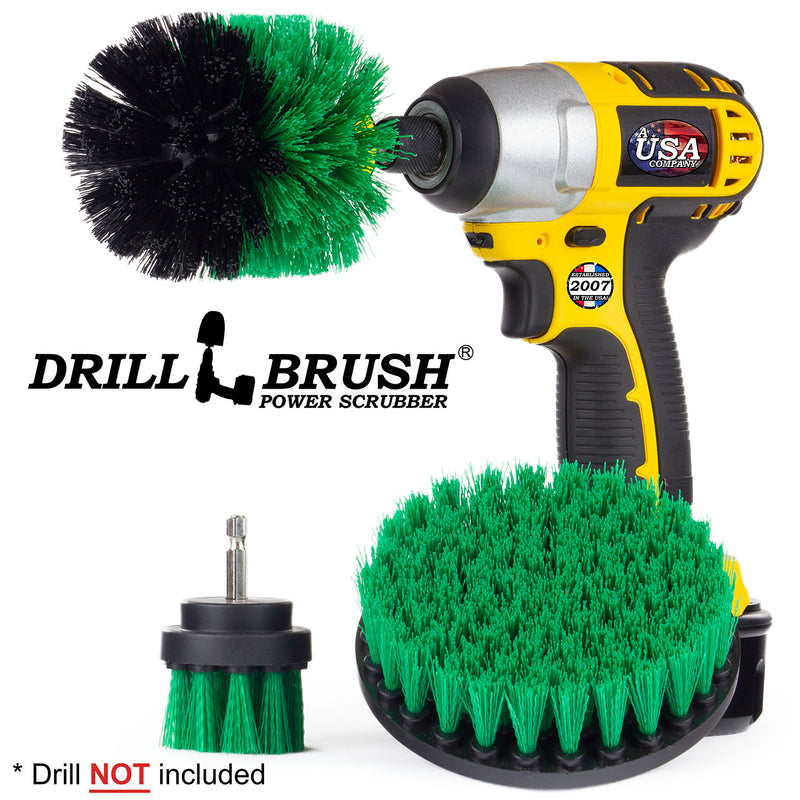 Drillbrush 52O Medium Green Kitchen Brush Kit with an Original brush in a cordless drill.