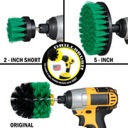 Images of the Drillbrush 2 inch Short, 5 inch, and Original Medium Green Kitchen Brushes in cordless drills.