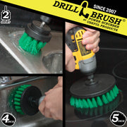 Action shots of a Medium Green 2 inch Short Drillbrush cleaning the drain in a sink, a Medium Green 5 inch Drillbrush cleaning a stovetop, and a Medium Green 4 inch Drillbrush cleaning the side of a sink.