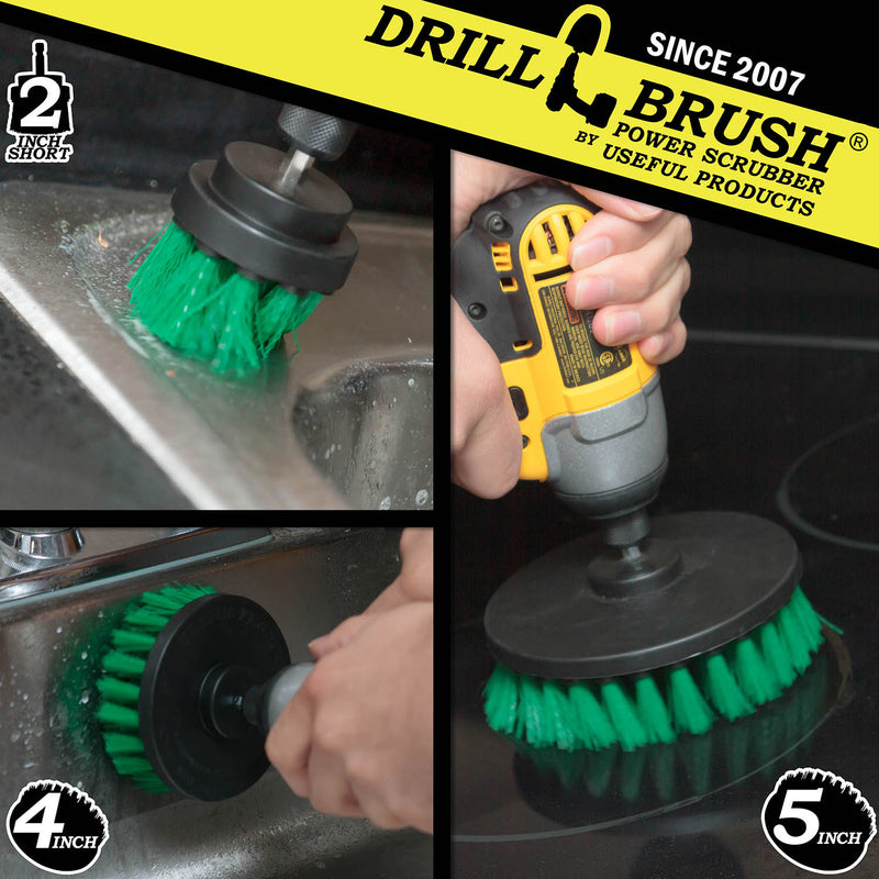Action shots of a Medium Green 2 inch Short Drillbrush cleaning the drain in a sink, a Medium Green 5 inch Drillbrush cleaning a stovetop, and a Medium Green 4 inch Drillbrush cleaning the side of a sink.