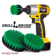 The Drillbrush 542 Medium Green Kitchen Brush Kit with 2 inch brush placed in a cordless drill.