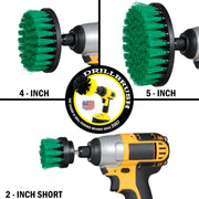Images of the Drillbrush 2 inch Short, 4 inch, and 5 inch Medium Green Kitchen Brushes in cordless drills.