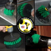 Action images of a Medium Green 2 inch Short, 4 inch Flat, and Original brush cleaning a sink, a 5 inch Flat Drillbrush scrubbing a stovetop, and a Medium Green Cone-shaped corner brush scrubbing a stove hood.