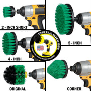Medium Green Original, 4 inch Flat, 5 inch Flat, Cone-shaped Corner, and 2 inch Short Detail Drillbrush brushes each installed on a cordless drill.