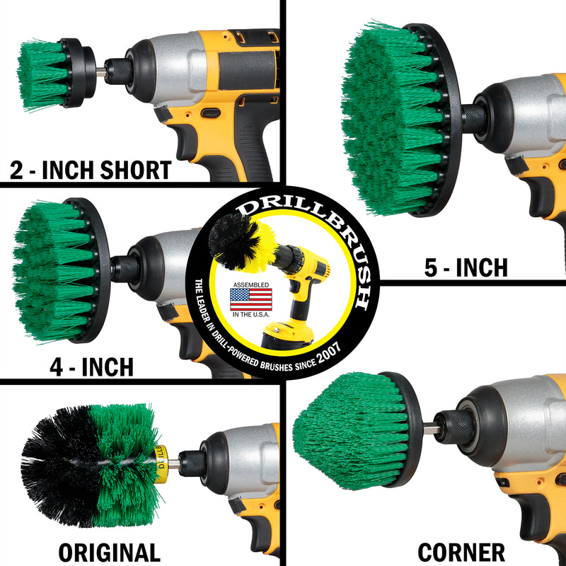 Medium Green Original, 4 inch Flat, 5 inch Flat, Cone-shaped Corner, and 2 inch Short Detail Drillbrush brushes each installed on a cordless drill.