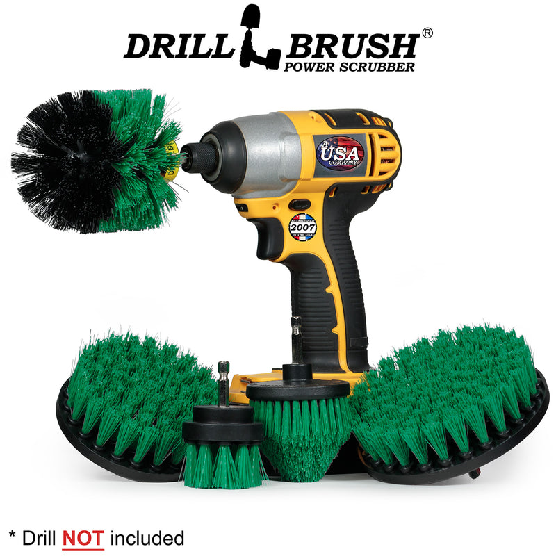 Medium Green Original, 4 inch Flat, 5 inch Flat, Cone-shaped Corner, and 2 inch Short Detail Drillbrush brushes pictured with a cordless drill.