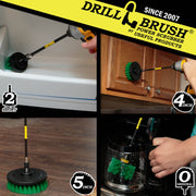 Action shots of a Medium Green Original brush in a 7 inch extension cleaning a coffee pot, a Medium Green 2 inch Short Drillbrush in a 7 inch cleaning a refrigerator shelf, a Medium Green 4 inch Drillbrush in a 7 inch extension cleaning a cabinet, and a Medium Green 5 inch Drillbrush in a 7 inch extension cleaning a kitchen floor.